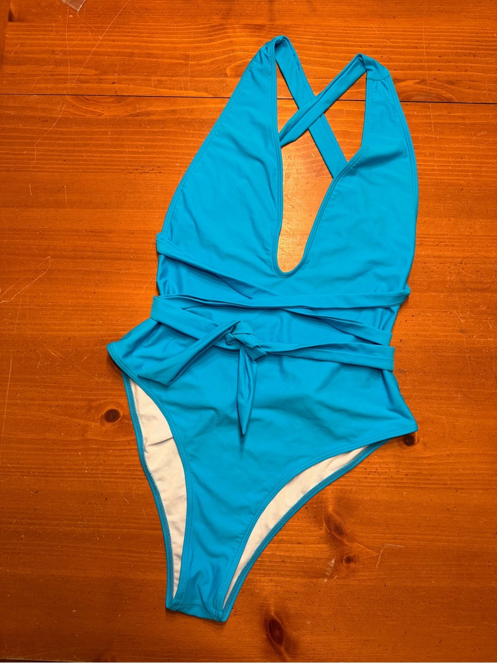 Plunge One-Piece Swimsuit in Bright Turquoise with Tie Waist